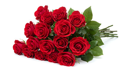 Obraz premium A generous bunch of deep red roses with long stems, artfully arranged and isolated on a white background, perfect for any occasion