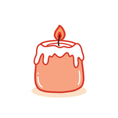 Lit candle with melted wax dripping down.