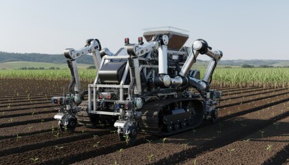 Precision robotic cane planter deploying seeds with advanced sensors for accurate spacing and depth control ensuring uniform growth and maximizing crop yield potential.