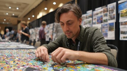 Medium shot of an individual fitting mosaic puzzle pieces together with blurred workshop attendees and display boards in the background.