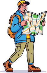 Cartoon hiker reading map, outdoor adventure traveler, trekking gear man, hiking exploration journey, backpack explorer, travel lifestyle, vector illustration, adventure character design