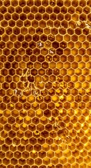 Close-up of a honeycomb structure featuring hexagonal cells filled with glistening golden honey; warm lighting accentuates the rich colors and textures, showcasing the intricate details of natural wax