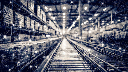 Industrial warehouse interior with interconnected network overlay symbolizing digital connectivity and automation