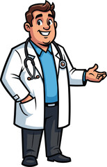 Male doctor illustration, white lab coat over blue shirt, stethoscope around neck, vector cartoon character, healthcare professional scene, hospital medical presentation concept