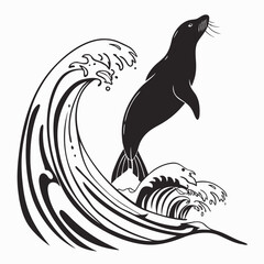 Seal diving under wave silhouette