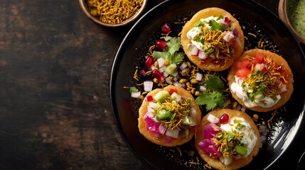 Delicious plate of indian street food pani puri with potato, chickpeas, and chutney on dark background