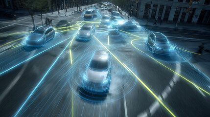 Autonomous vehicles navigating city streets with connected communication systems and sensor data visualization