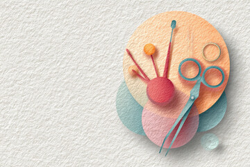 Minimal paper cut style illustration of surgical tools, scissors, cotton swab, and medical instruments on textured background, soft pastel color, creative and calm healthcare concept