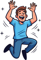 Obraz premium Joyful person jumping illustration, light blue t‑shirt and dark jeans, energetic motion lines, vector cartoon character, happiness and excitement celebration scene