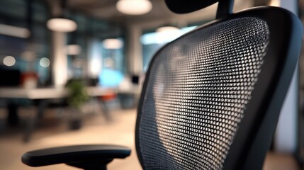 Medium shot of a sleek mesh ergonomic office chair highlighting breathable fabric with blurred background of a modern workspace