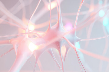 Abstract neuron model glowing synapse neural network soft pastel color futuristic science biology medical closeup dreamy atmosphere