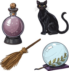 Set of 4 Halloween mystical illustrations, potion bottle, magic crystal ball, black cat, broomstick, realistic silhouette, vector-ready, isolated on white