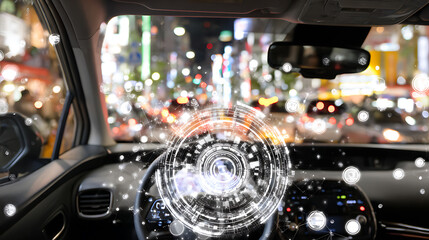 Interior view of a car with holographic display overlay on the windshield in a city at night