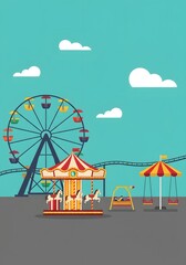 Naklejka premium Amusement Park Scene with Carousel, Ferris Wheel, and Swings - Flat Design