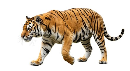 Fototapeta premium A majestic tiger walks confidently, its orange and black stripes contrasting against a plain white background.