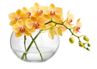 A clear glass vase holding a bouquet of yellow orchids with a black background creating contrast and depth