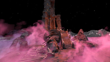 霧の中の塔のある城　3DCGレンダリング