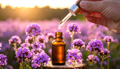 Amber glass bottle Bach remedy flowerVervain glass dropper pipette dropping a drop Vervain flower lilac Verbena officinalis, essence drop therapy