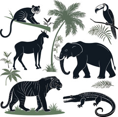Set of 6 solid black silhouette jungle animals, tiger, elephant, monkey, crocodile, parrot, snake, full black fill, realistic proportions, isolated on white background, vector-friendly, no text