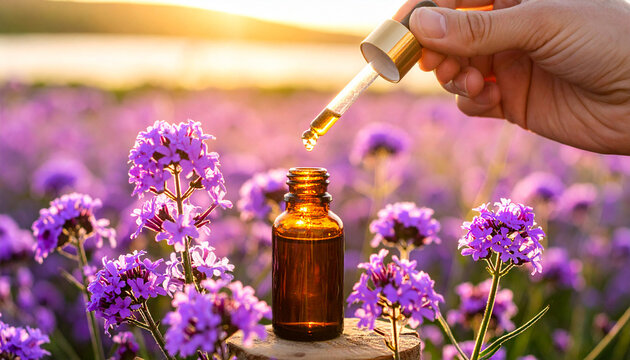 Frasco de vidro âmbar floral de Bach Vervain, pipeta conta-gotas gota floral, em volta do frasco flores Verbena officinalis, terapia floral, Florais de Bach, flower remedy Bach