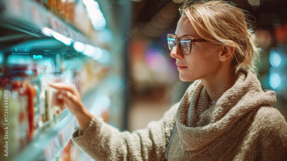 Aufkleber focused view on a shopper scanning product details through an ar interface with surrounding shelves 