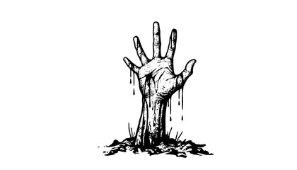 Zombie Hand Rising from Ground with Blood Drips, Grunge Texture Black and White Engraving Sketch Vector Illustration svg format for print