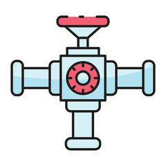 A 2D graphic of a light blue valve with red accents