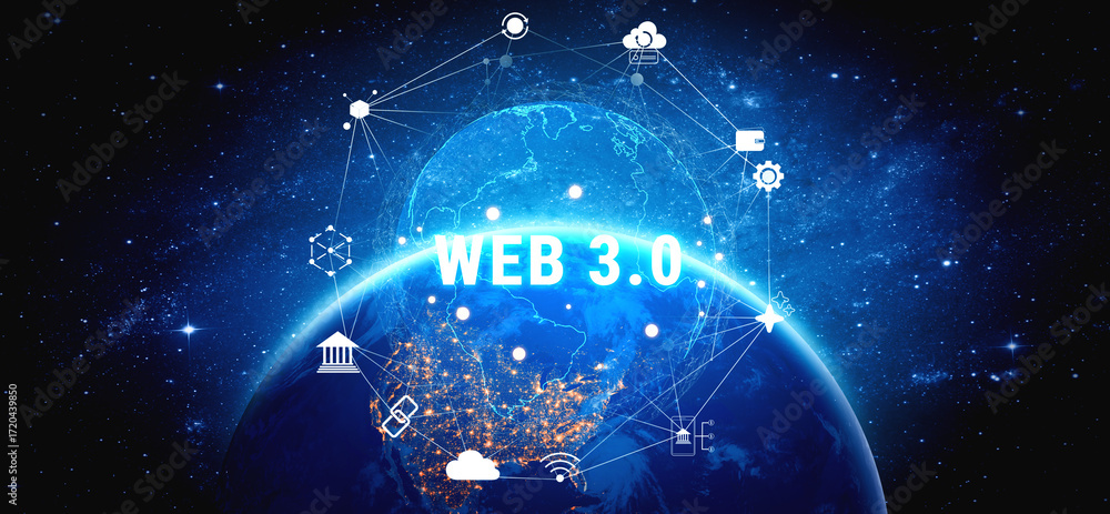 Poster the interconnected global ecosystem of web 3.0 technology. a worldwide network connecting blockchain