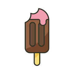A bitten chocolate ice cream bar with pink topping on a stick