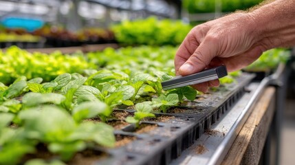 Medium frame showing a handson adjustment of a moisture sensor in a seedling tray the sensor in sharp focus against an outoffocus backdrop of lush nursery plants.