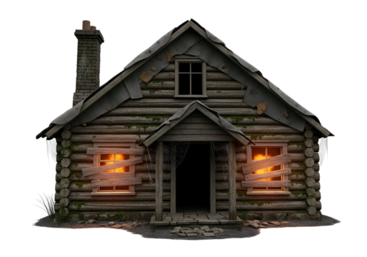 A weathered log cabin with broken windows and an eerie glow within, stands out against a dark background.