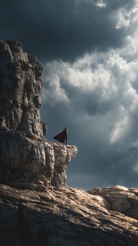 Figure in dark red cape stands on a tall jagged cliff under dramatic stormy clouds