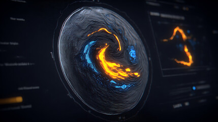 Digital visualization of a swirling planetary vortex with thermal imaging data on a futuristic interface