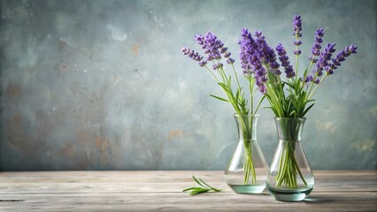 Two sprigs of lavender with elongated stems arranged in a small vase
