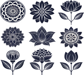 Set of 8 abstract floral symbols, fully black filled shapes, detailed petals and leaves, handcrafted look, white background, easy vector conversion, unique designs