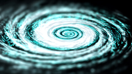 Concentric ripples in water forming a spiral pattern with teal and white hues against a dark background