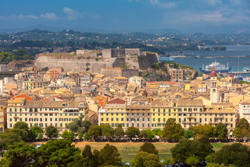 Fototapeta premium Panoramic view of New Fortress and historical old town of Corfu Greece in sunny day
