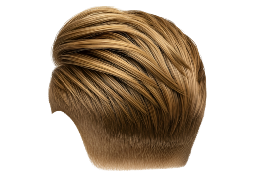 Close-up view of a blond hairstyle with textured, styled hair, presented against a stark black background.