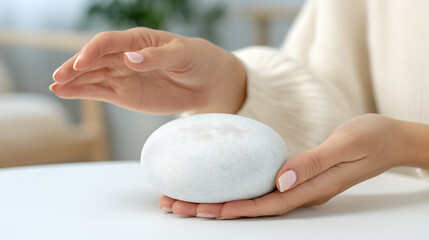 Close-up of hands holding a smooth white stone on a table in a calm indoor setting