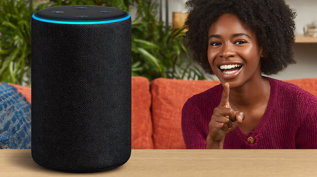 A woman smiles and gestures toward a smart speaker on a table in a cozy living room setting.
