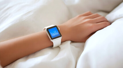 Person wearing a smartwatch displaying a health metric graph while resting in bed