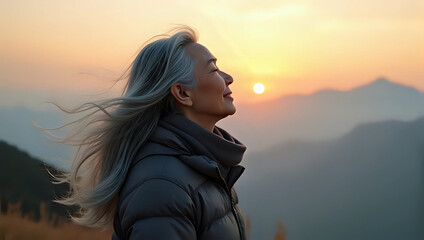 Portrait of serene senior Asian woman practices deep breathing exercise outdoors, enjoy morning air, wind blows her grey hair, mountain landscape at sunrise - healthy lifestyle, mindfulness, wellbeing