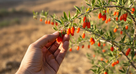 Farmer handpicking fresh ripe goji berries from branch