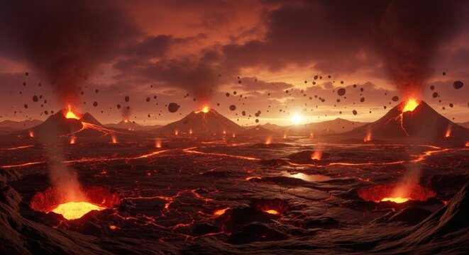 Hadean Eon Volcanic Landscape &ndash; Early Earth Formation with Lava and Meteor Impacts  
