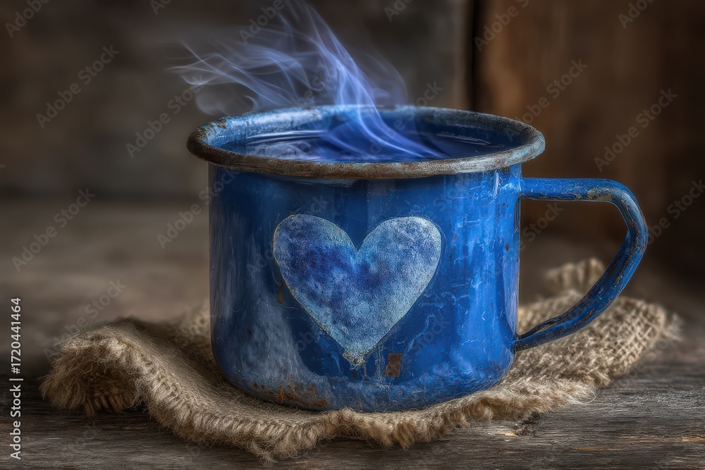 Aufkleber cozy blue enamel mug steaming with warm beverage symbolizing warmth and affection against rustic woo