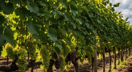 Close medium view of a lush vineyard employing a canopy vine training method highlighting neatly pruned leaves and fruit beneath the shaded foliage.