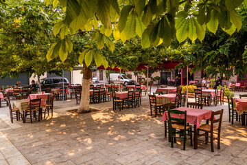 Open air taverna in Nymfasia village on Peloponnese peninsula, Greece