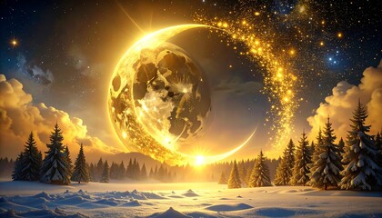 Winter landscape with a glowing, crescent moon and twinkling star-like particles. Sun illuminates the horizon behind snowy evergreens