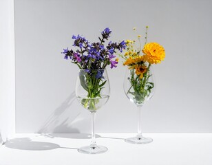 Wildflowers arranged inside transparent wine glasses, creative summer still life concept with bright natural colors