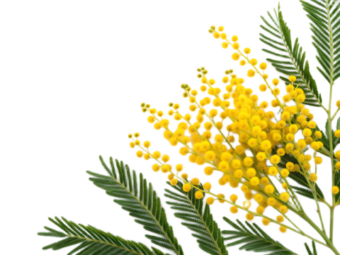 A close up of mimosa flowers with green leaves against a black background in a corner position